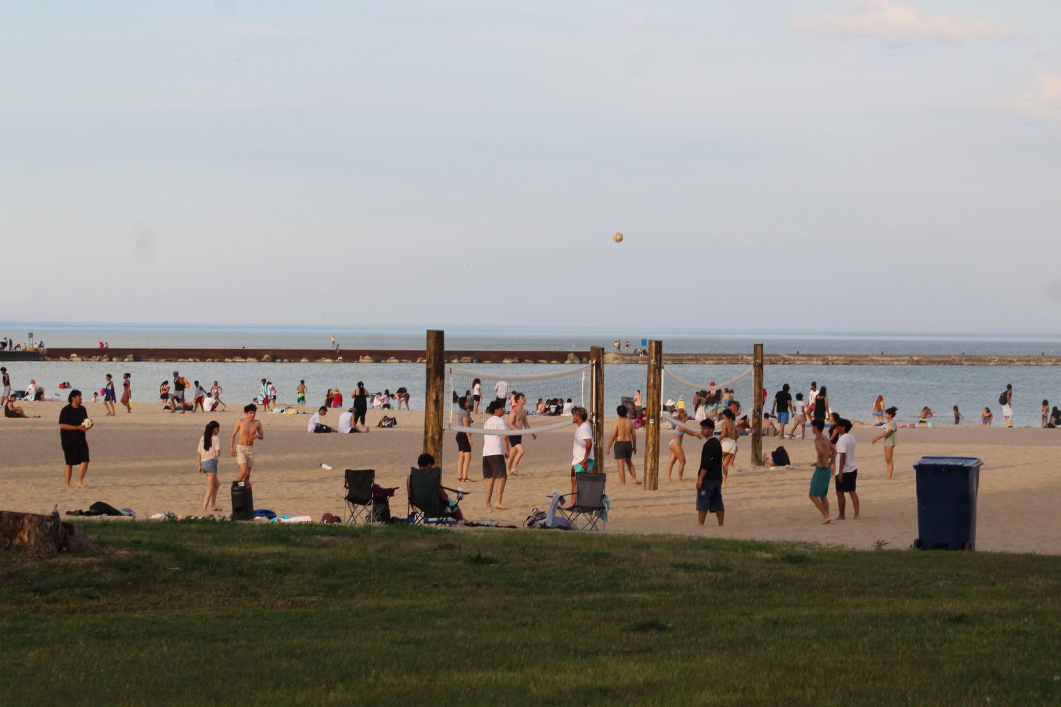 People enjoying Waukegan beach near Lake Michigan in Illinois.