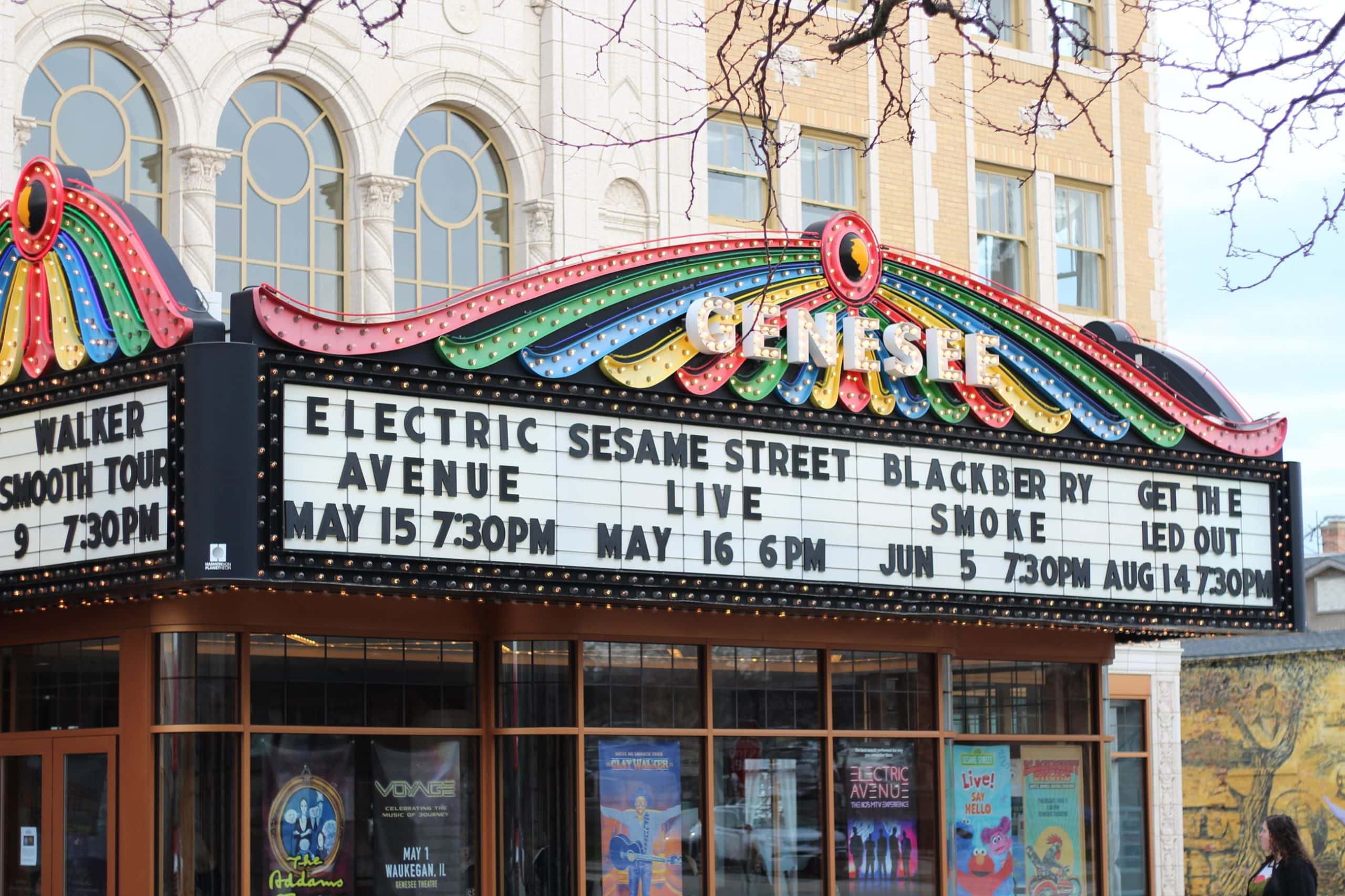 Historic Genesee Theatre marquee in downtown Waukegan, IL.