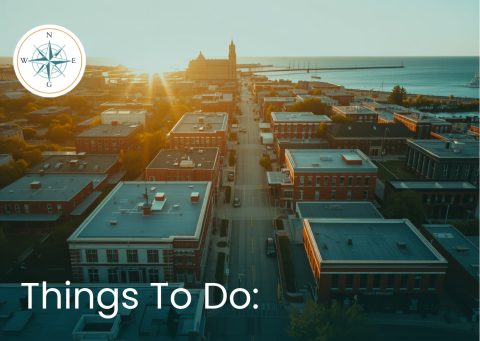 Aerial view of Waukegan downtown near Lake Michigan at sunset.