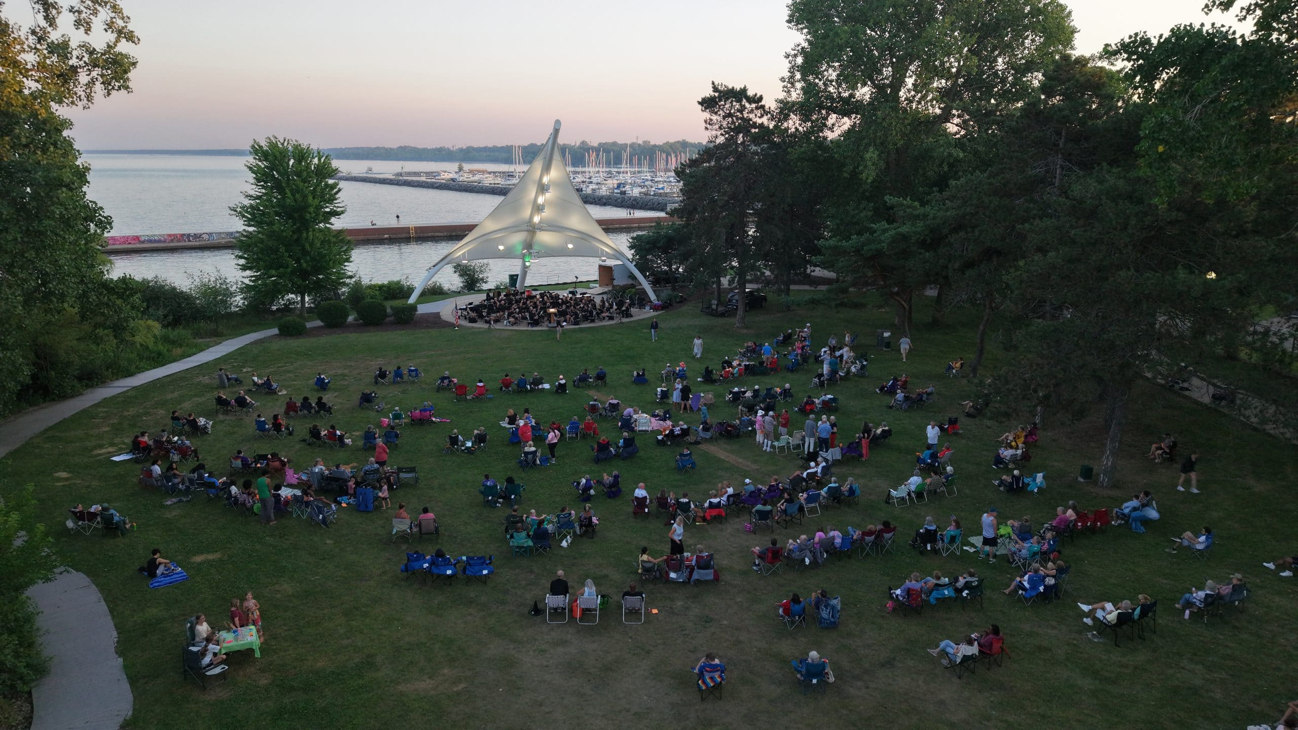 Outdoor concert at Waukegan Lakefront park near Lake Michigan.