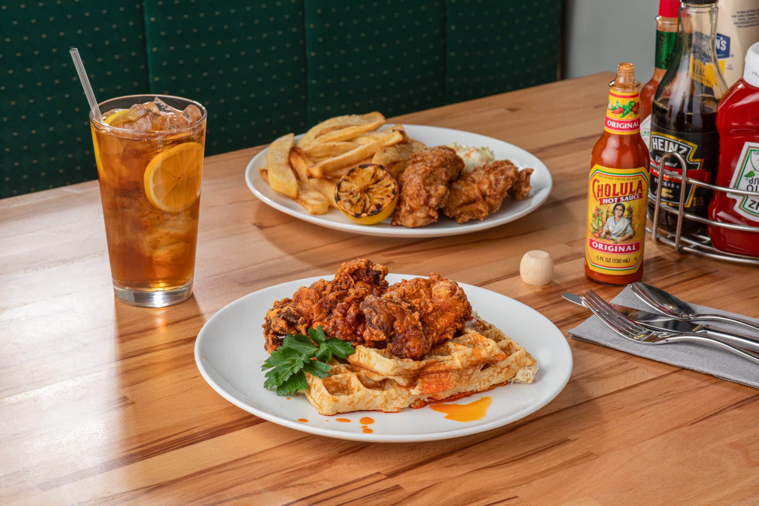 Fried chicken, fries, and a drink at a Waukegan restaurant.