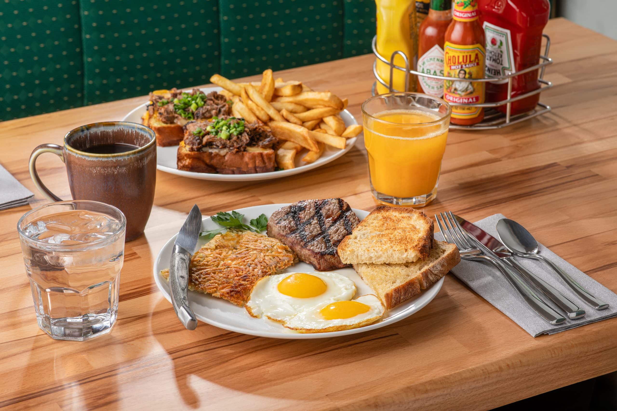 Breakfast with eggs, toast, and sides at a Waukegan restaurant.