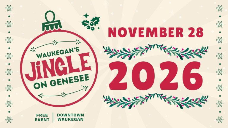 Jingle on Genesee event poster with holiday decorations in Waukegan, IL.