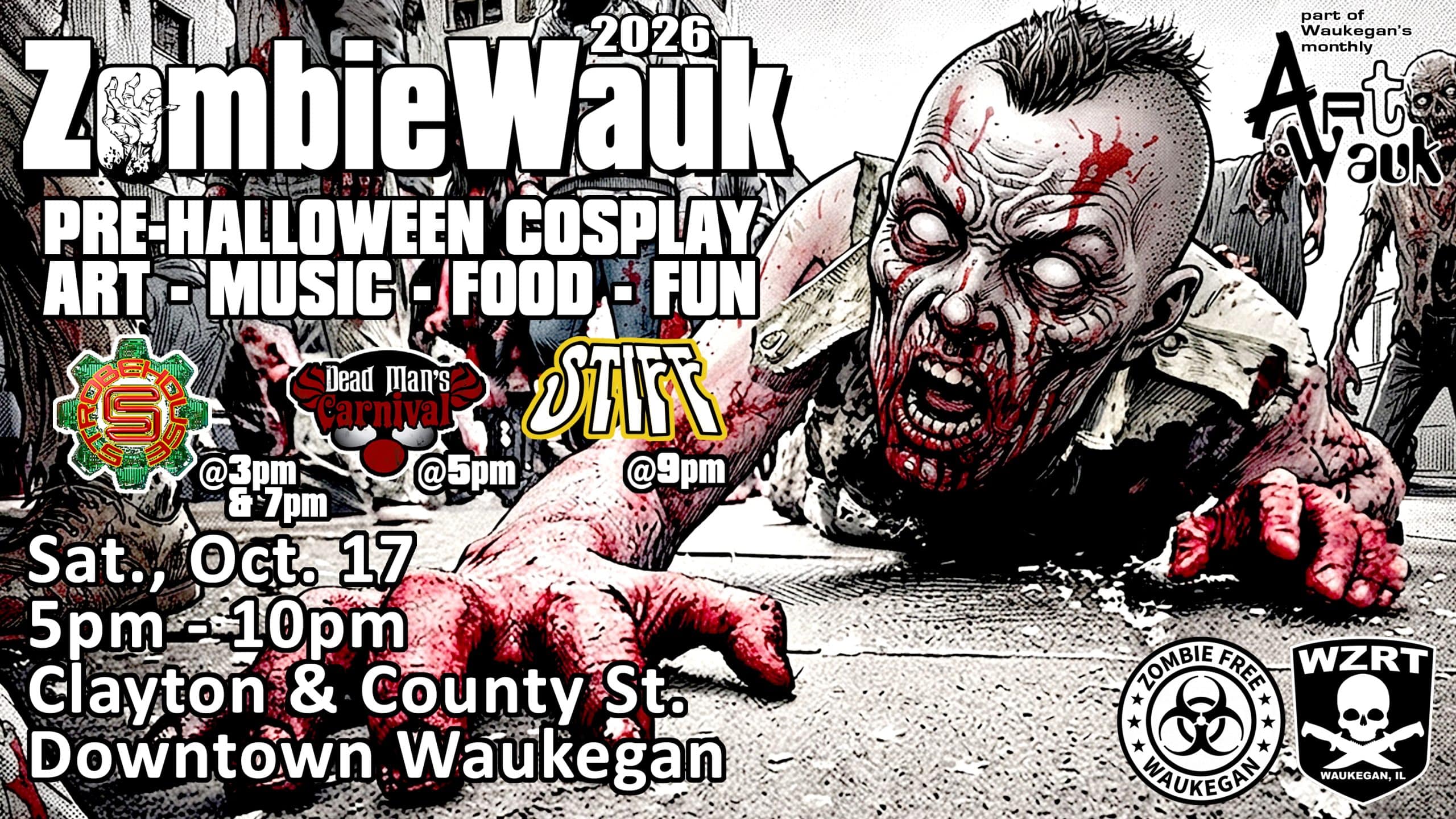 Zombie costume at Waukegan Halloween event in downtown Waukegan IL.